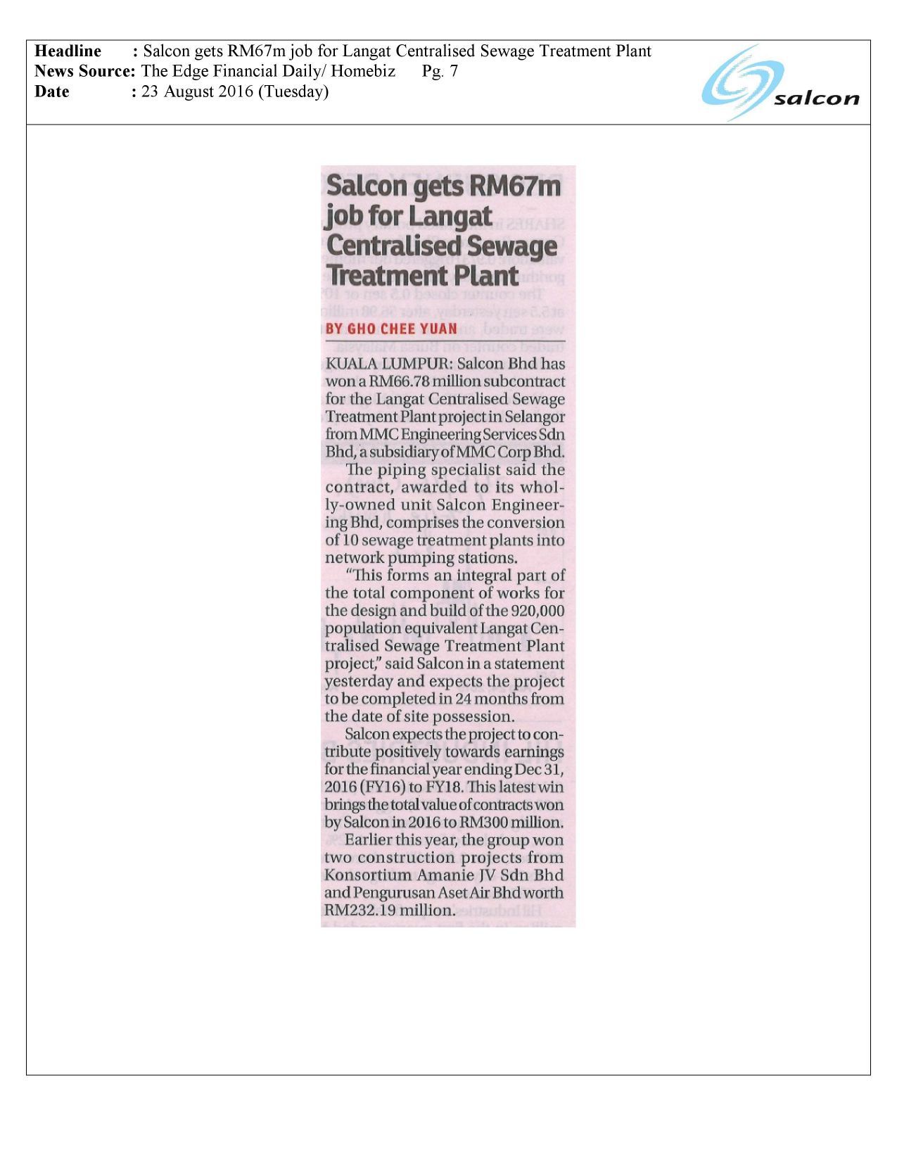 Salcon gets RM67m job for Langat Centralised Sewage Treatment Plant