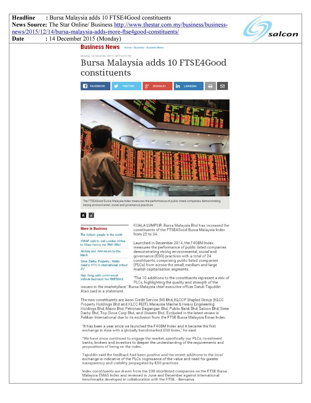 Bursa Malaysia adds 10 FTSE4Good constituents