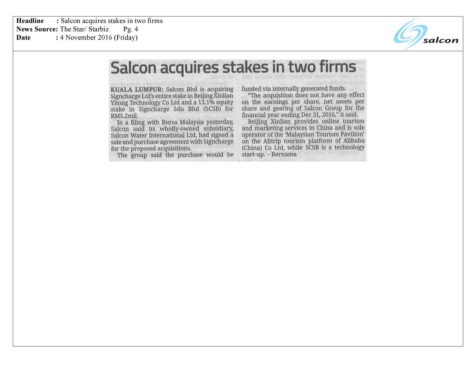 Salcon acquires stakes in two firms