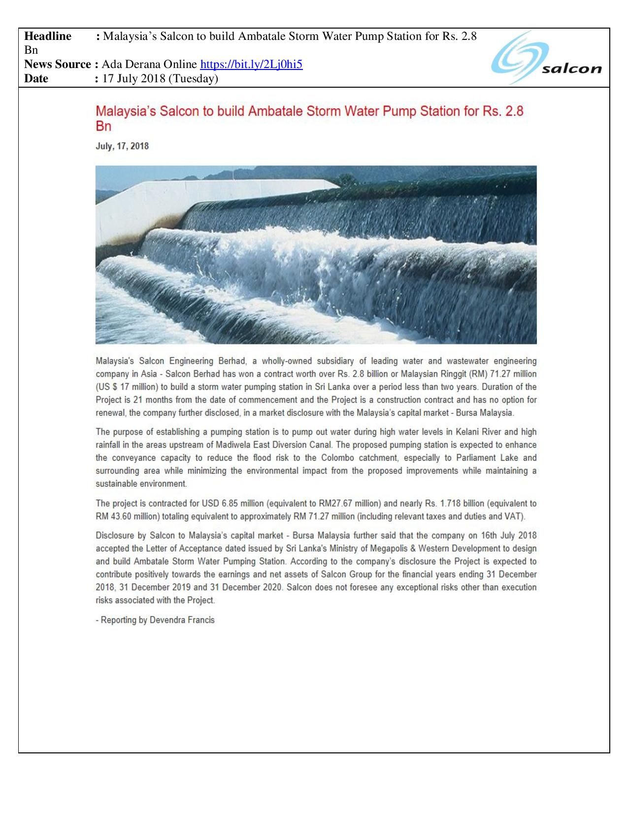 Malaysia’s Salcon to build Ambatale Storm Water Pump Station for Rs. 2.8 Bn