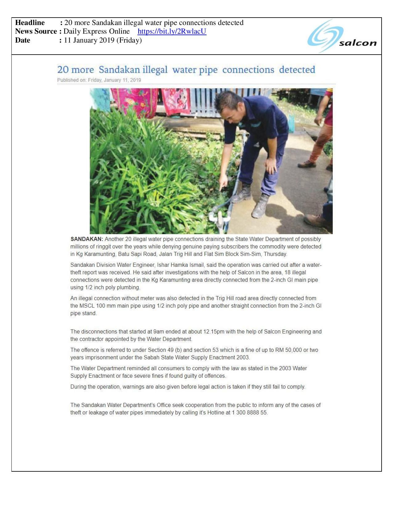 20 more Sandakan illegal water pipe connections detected