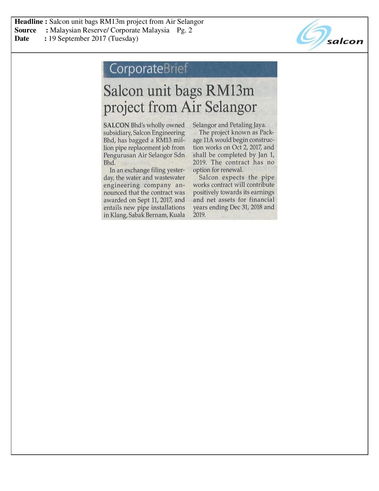 Salcon unit bags RM13m project from Air Selangor