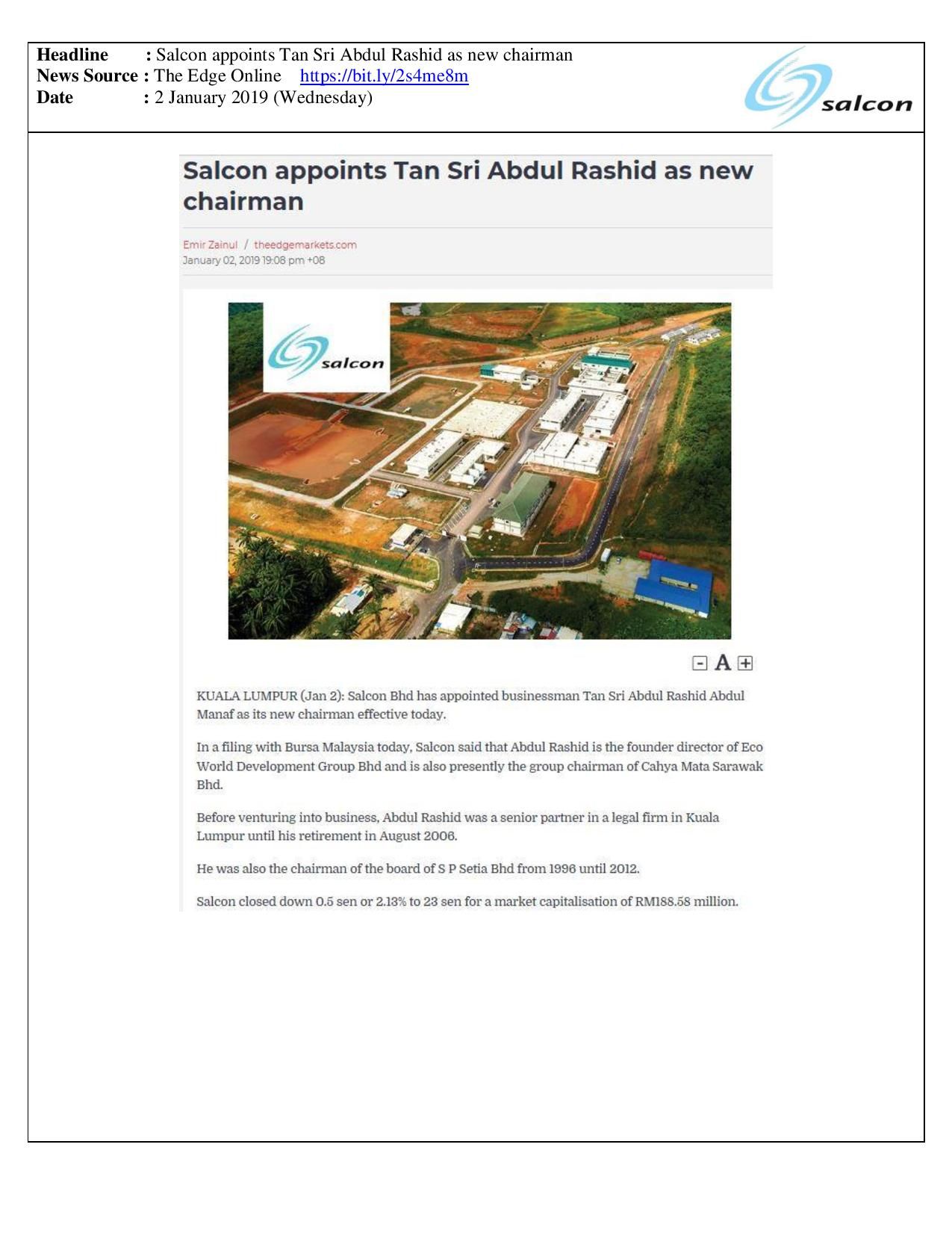 Salcon appoints Tan Sri Abdul Rashid as new chairman