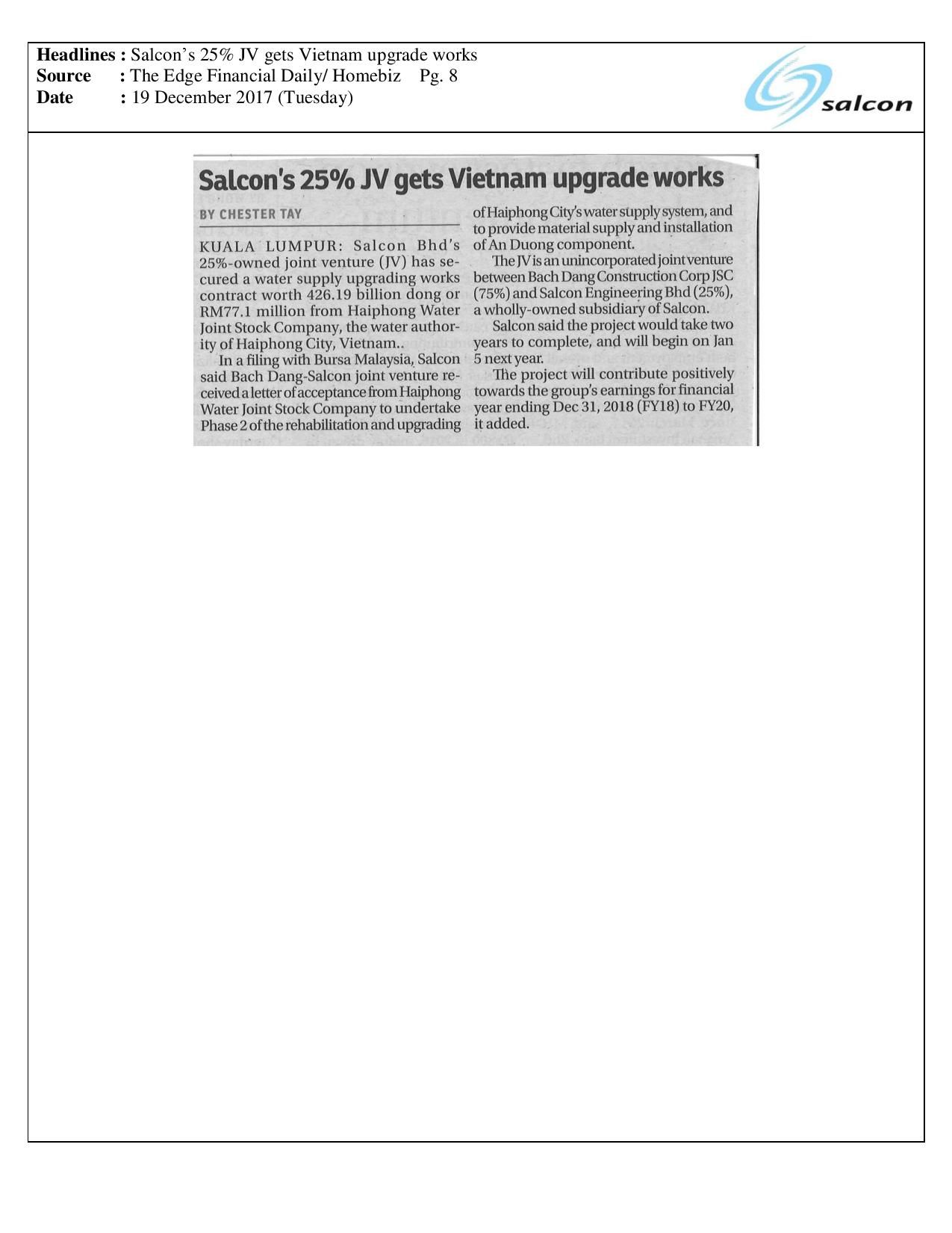 Salcon’s 25% JV gets Vietnam upgrade works
