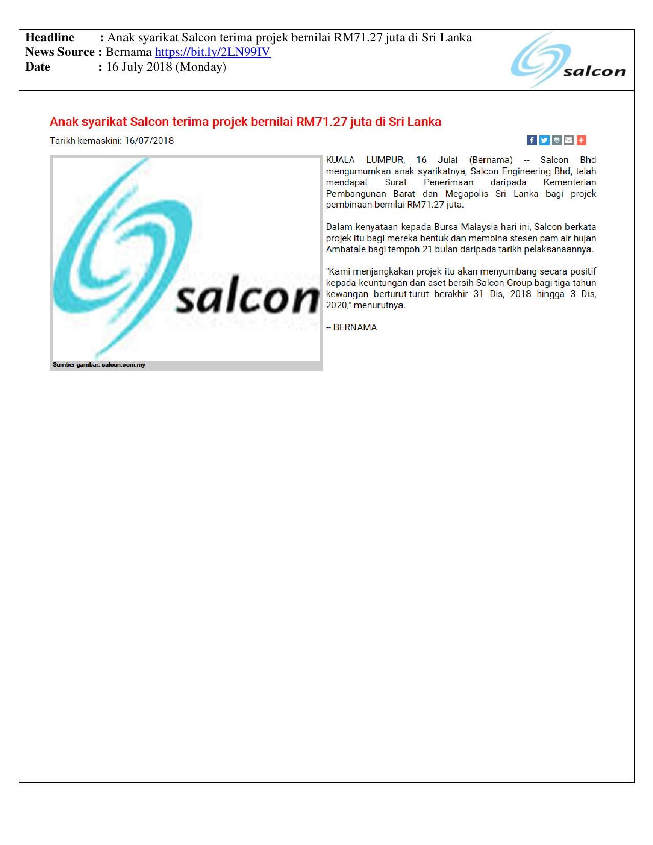 Anak syarikat Salcon terima projek bernilai RM71.27 juta di Sri Lanka