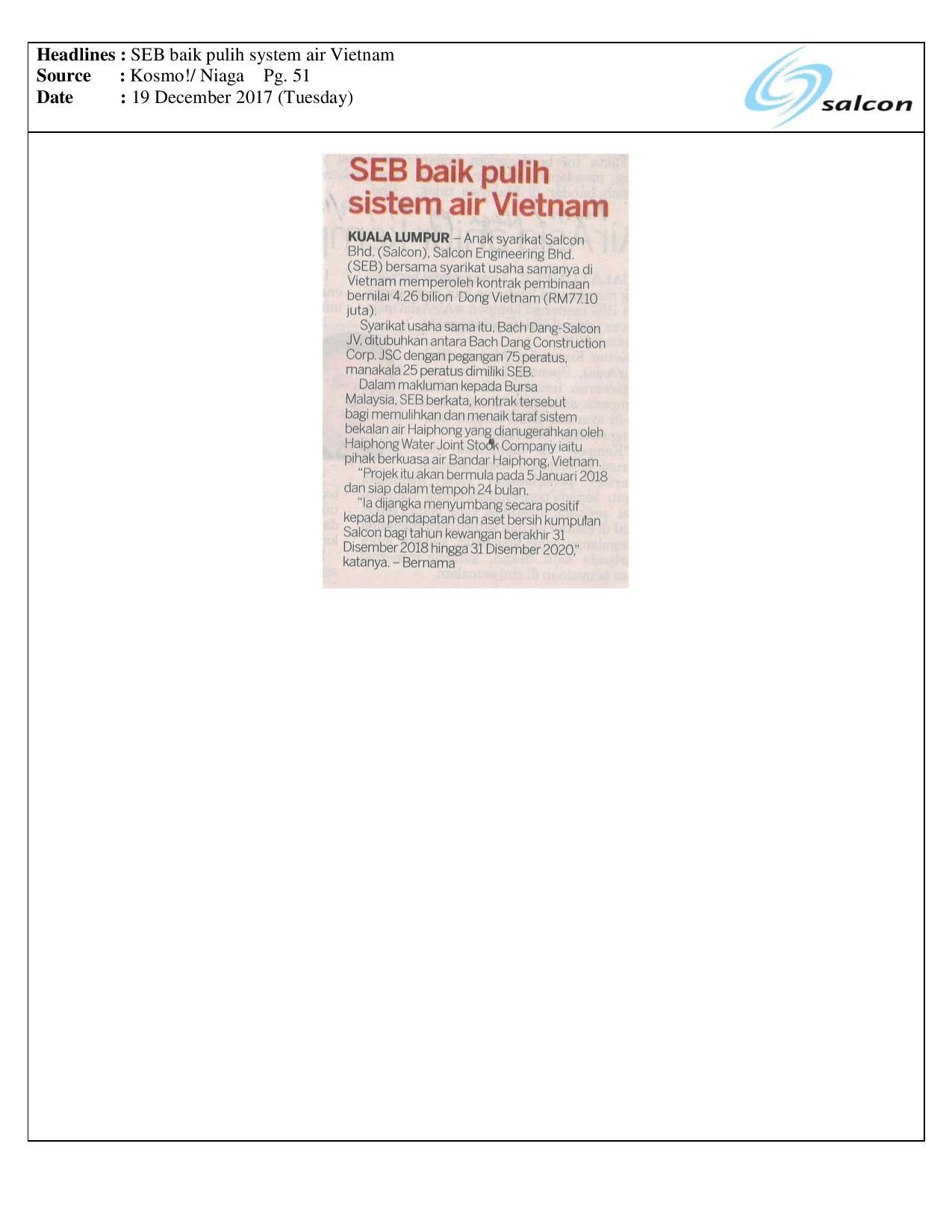 SEB baik pulih system air Vietnam